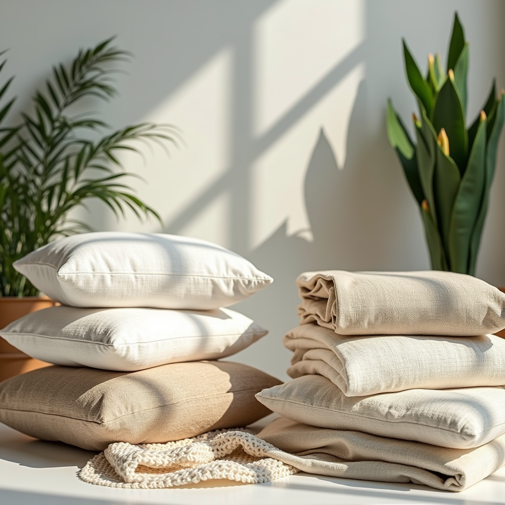 Collezione di tessuti ecosostenibili per la casa disposti artisticamente, mostrando cotone organico bianco naturale, lino beige texture, bambù morbido color crema e fibre riciclate colorate, con piante verdi e elementi naturali sullo sfondo, illuminazione naturale morbida, ambiente moderno e pulito