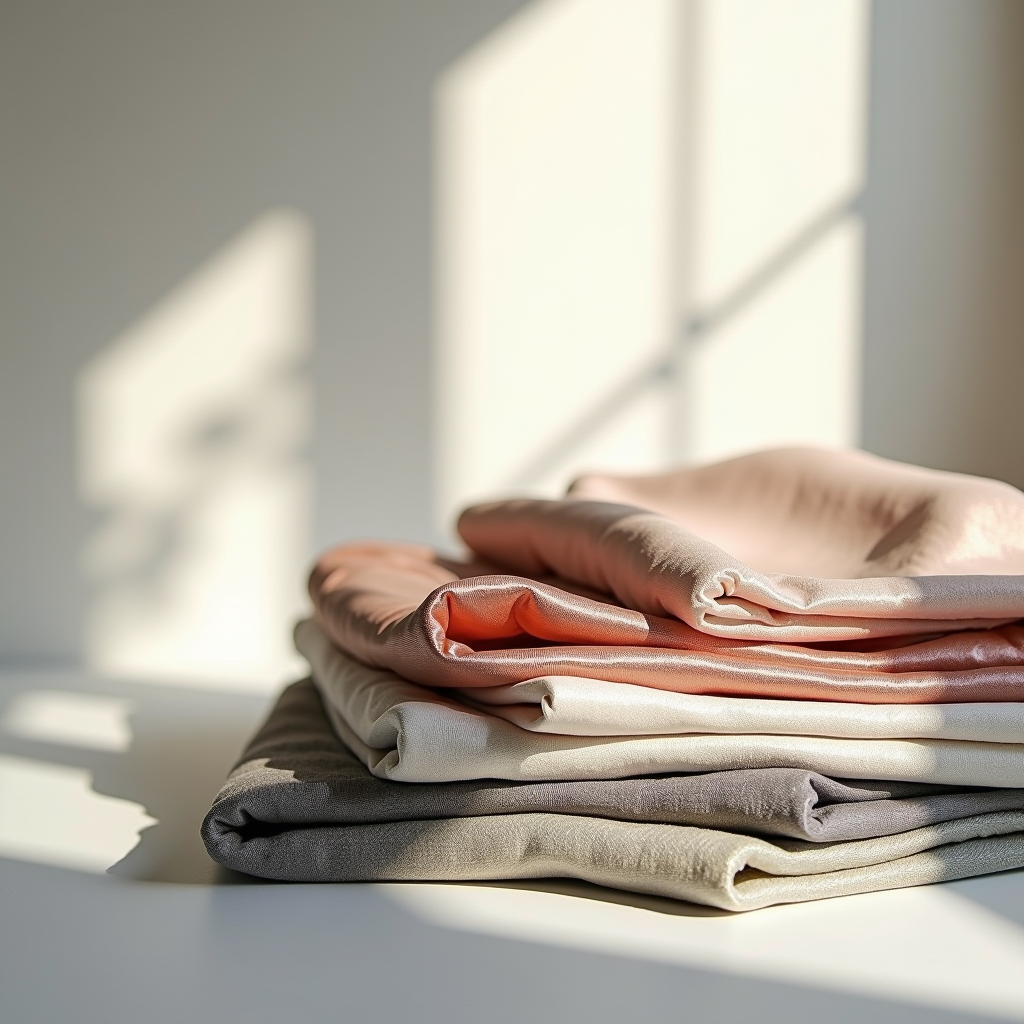 Tessuti di lusso per la casa accuratamente disposti su una superficie moderna luminosa con illuminazione naturale morbida, mostrando tessuti di seta, velluto e lino in eleganti pieghe, stile fotografico professionale