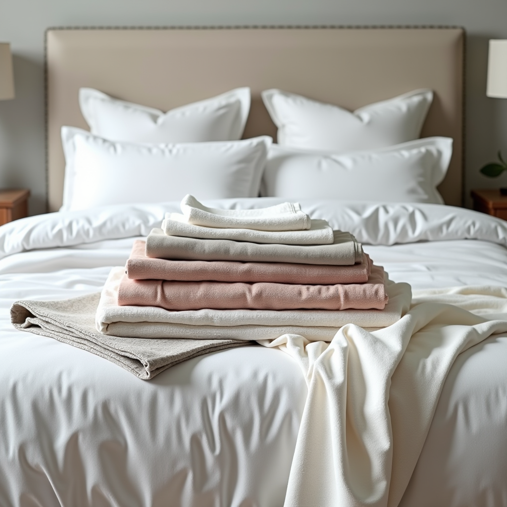 Diverse tipologie di tessuti per biancheria da letto disposti su un letto elegante, mostrando cotone traspirante, flanella calda e vari pattern di tessitura, con campioni di tessuto e dettagli di thread count visibili