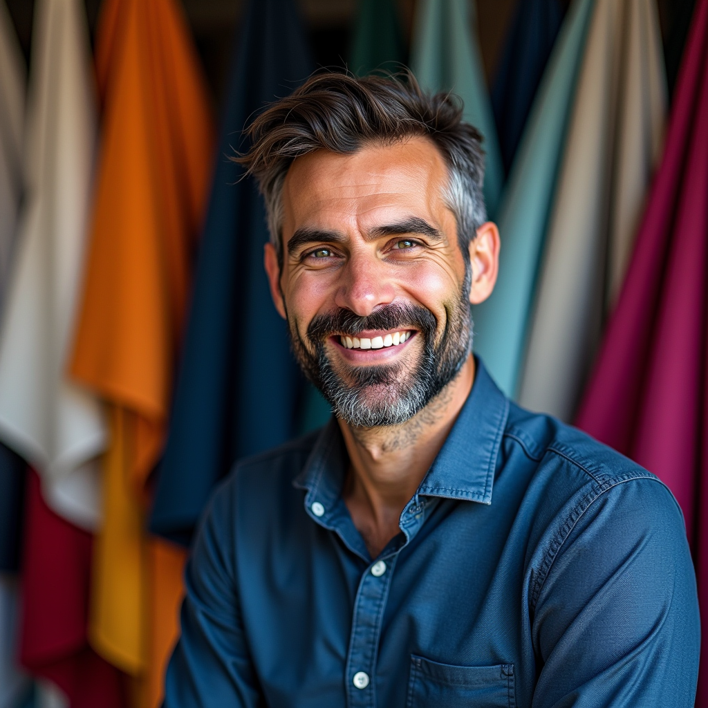 Ritratto professionale di Marco Rossi, responsabile vendite di Tessuti e Arredo Milano, uomo sui 35 anni con barba curata, espressione amichevole, circondato da campioni di tessuti colorati