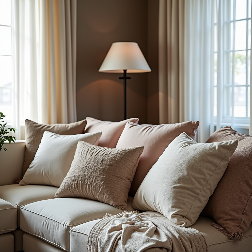 Soggiorno elegante con combinazione professionale di tessuti per la casa, cuscini decorativi con diverse texture, plaid coordinati, tende stratificate, che mostrano tecniche di coordinamento colori e mixing di materiali per creare profondità visiva