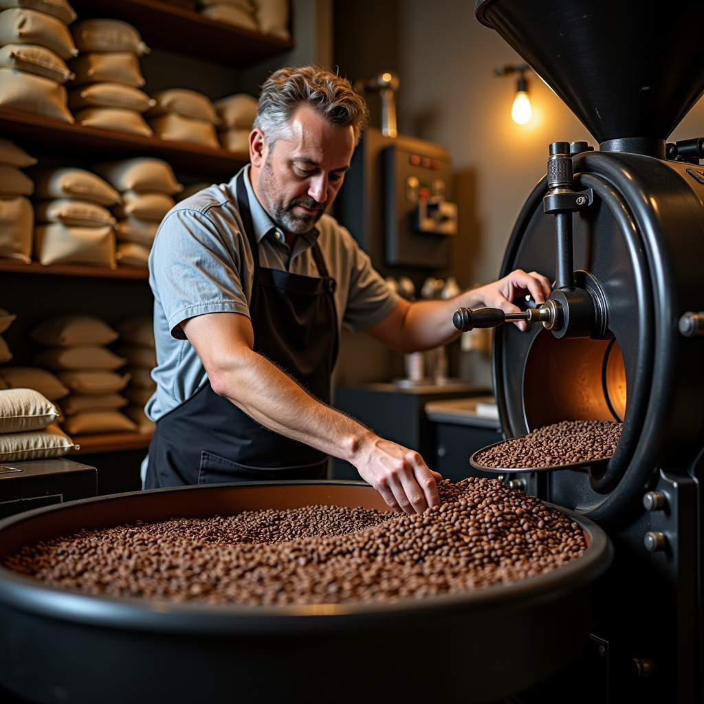 Maestro torrefattore italiano che lavora con chicchi di caffè specialty in una torrefazione artigianale a Napoli, con macchine per la tostatura tradizionali e sacchi di caffè verde di alta qualità