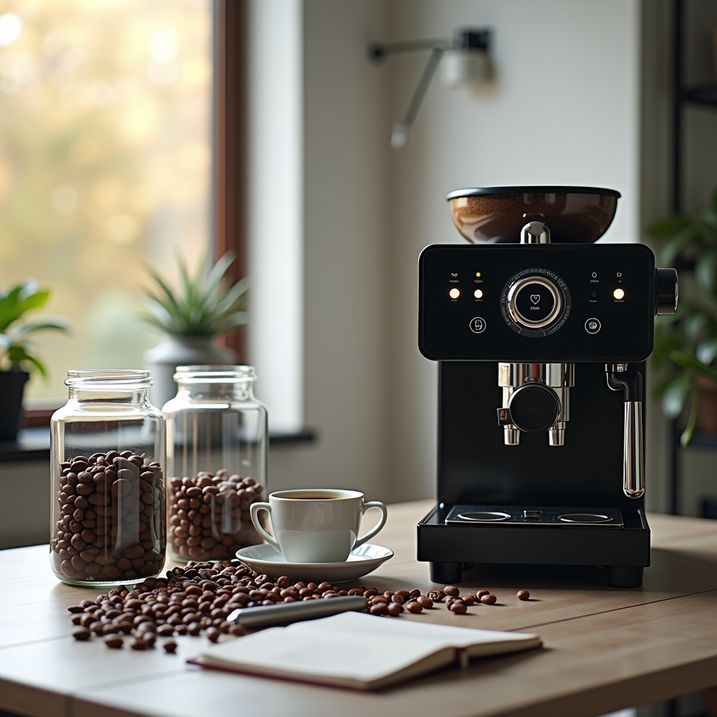 Elegant office coffee station with premium single-origin beans in glass jars, modern espresso machine, and minimalist workspace setup with natural morning light