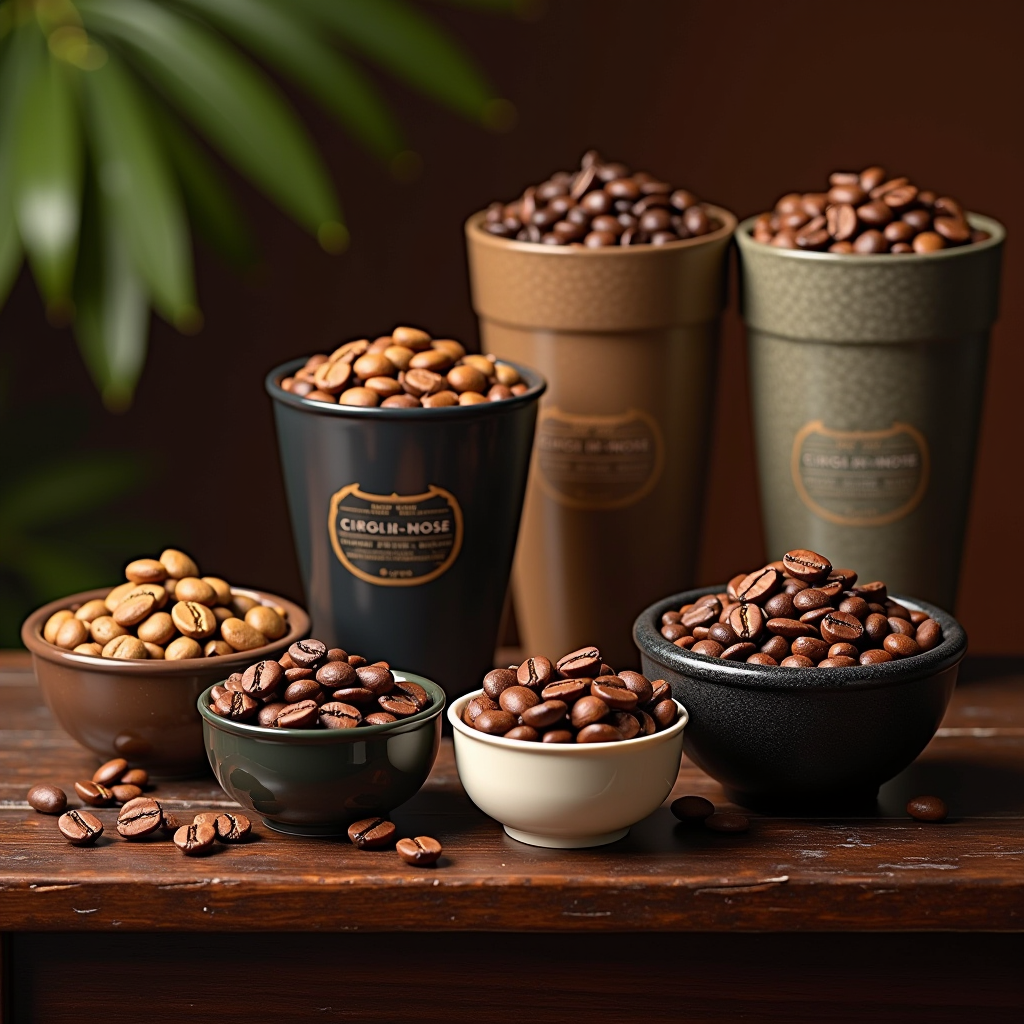 Assortment of premium single-origin coffee beans in elegant containers, various roasting profiles displayed with tasting notes, professional coffee selection setup with warm ambient lighting