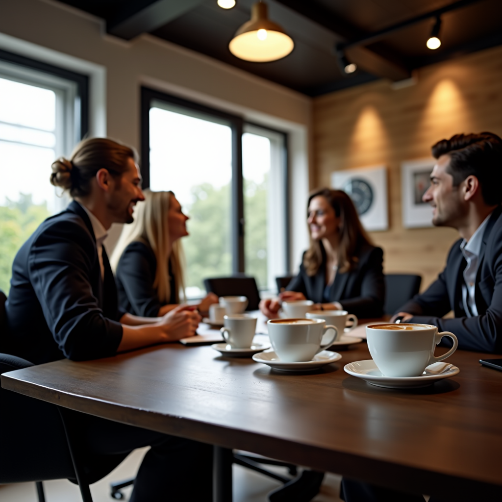 Elegante ufficio italiano moderno con dipendenti che si godono una pausa caffè tradizionale, tazzine di espresso su un tavolo in legno scuro, atmosfera professionale ma rilassata, luce naturale che filtra attraverso ampie finestre