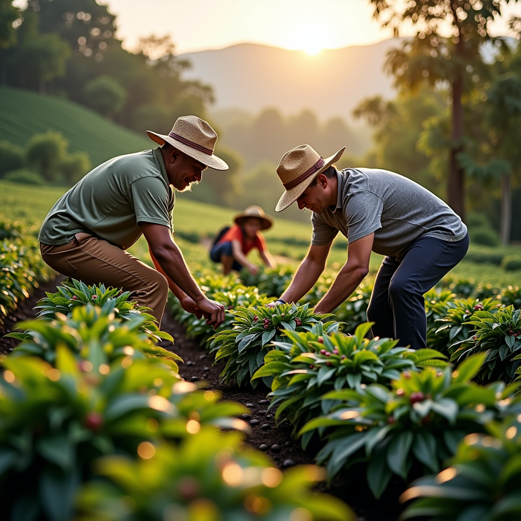 Coffee farmers working in sustainable plantation with certification badges, ethical trade symbols, lush green coffee plants under natural sunlight, representing responsible sourcing practices